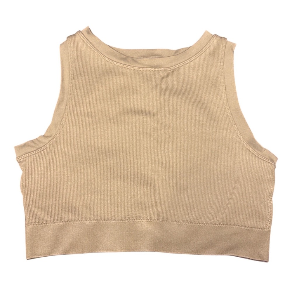 Pro-Fit Women's Beige Ribbed Seamless High Neck Crop Bralette Bra, Size Large